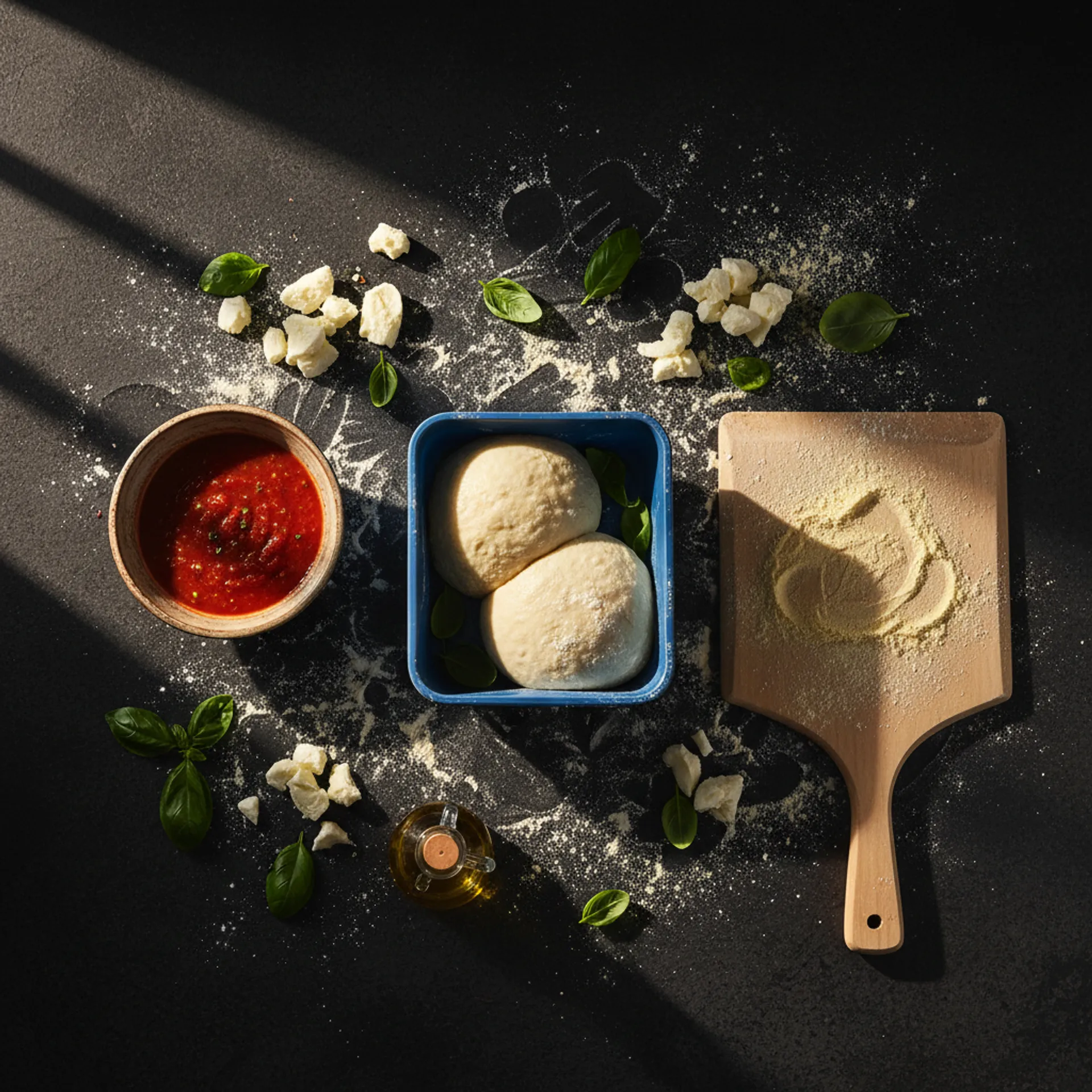 Pizza making workspace — dough balls, sauce, mozzarella, and a wooden peel on a dark counter
