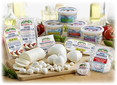 BelGioioso Fresh Mozzarella product line including ball, sliced, ovolini, ciliegine, and pearls